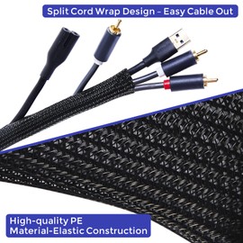 Cable Management Sleeves 1.2in - 2 Pack 4.1ft Split Braided Cable Sleeve Black, Hard PE Cord Protectors from Pets, Wire Organizers for Cords, Flexible Cord Wrap Wire Sleeve for Computer Cord Organizer