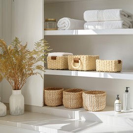 La Jolie Maison Small Beige Wicker Baskets Set of 3, Paper Rope Storage Baskets with Handle, Small Woven Baskets for Organizing, Decorative Cute Baskets for Gifts