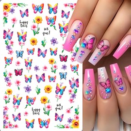 8 Sheets Butterfly Flower Nail Stickers Colorful Butterfly Nail Art Stickers 3D Self-Adhesive Floral Nail Decals for Nail Art Rose Green Leaf Cute Spring Design Nail Supplies for DIY Charms