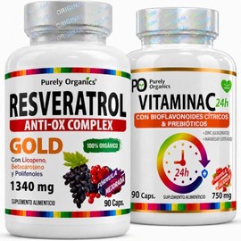 Purely Organics | Combo Resveratrol Gold 1340 mg + Vitamina C 750 mg | Apoyo Antioxidante e Inmunológico | 90 cápsulas c/u