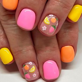 Pink Press on Nails Short Square Fake Nails with Flower Fruits Design Glossy Yellow Glue on Nails Orange Nails Press ons Lemon False Nails Full Cover Stick on Nail Summer Acrylic Nails for Women 24Pcs