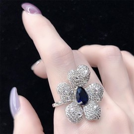 IMINI Rhinestone Flower Ring for Women Girls Shiny Blue Crystal CZ Diamond Open Statement Rings Engagement Promise Ring Wedding Ring Finger Band Jewelry Gifts Birthday