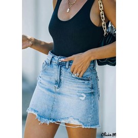 GOBLES Women's Sexy Mid Waist Zipper Closure Frayed Raw Hem Ripped Mini Denim Skirts Blue
