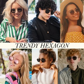 Sunier Polarised Sunglasses Women Men, Trendy Womens Sun Glasses, Ultralight Hexagon Metal Frame with UV400 Protection Shades