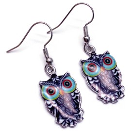 Owl Enamel Charm Earrings - Cute Colourful Charms on Nickel Free Silver Hooks : 40mm