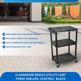 Classroom Basics UCPL2E-B 42"H Utility Cart - Three Shelves, Electric, Black