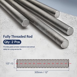 HiPicco 1/2"-13 Fully All Threaded Rod & Studs, 12" Length, 304 Stainless Steel Right Hand Thread Screw for Furniture Anchor Bolts, Clamps, Hangers and U-Bolts 2 Pack