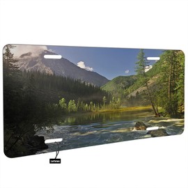 Lefolen Foggy Mountain Forest Front License Plate Nature River Rock Trees Jungle Stream Water Morning Decorative Car Metal Plates Vanity Tag Aluminum Novelty License Plate 6 X 12 Inch