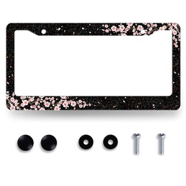 Bling Cherry Blossom License Plate Frame Pink Floral License Plate Stainless Steel Auto Parts Colorful License Plate Holder for Women Decoration with Screws License Plate Holder 12"x6"