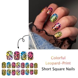 Colorful Leopard Print Press on Nails Short Square Fake Nail with Designs Rainbow False Nails Glossy Full Cover Artificial Nail Acrylic Glue on Nails 24 PCS