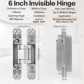 Onedaful 2 Kits 6 inch Stainless Steel Hidden Door Hinges Invisible Hinges for Door, 180 Degree Swing Concealed Hinges, 3 Way Adjustable & Heavy Duty for Secret Door (Load-Bearing Up to 170lbs)