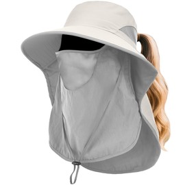 Womens Sun Hat Wide Brim UPF50+ Outdoor Sun Protection Ladies Fishing Hat with Neck Flap Detachable Face Cover (US, Alpha, One Size, Beige)