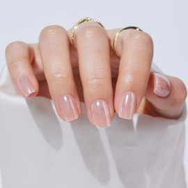 NGOZI Press on Nails - Short Square Shape Soft Gel Nails, Plating Finish Glue On Nails, Reusable Stick On Nails with Glue, 16 Sizes - 32 Fake Nails Kit, Jelly Glaze