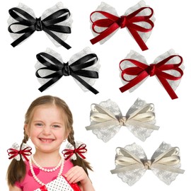 6PCS Lace Hair Bows Clips for Girls,Non-Slip White Lace Hair Clips with Ribbon Alligator Bow-knot Barrettes for Infant Toddler Kids (Black, Burgundy, White)