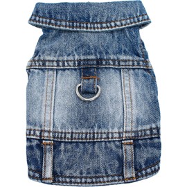 chamarra de mezclilla para perro, chamarra de mezclilla azul fresco para niñas pequeñas, medianas, niños, cachorros, ropa cómoda con arnés de solapa con anillo en D para correa