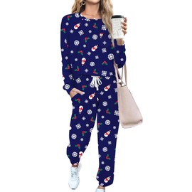 RUBZOOF Lounge Sets for Women 2 Piece Loungewear Pajamas Set Trendy Two Piece Casual Outfits Christmas Blue M