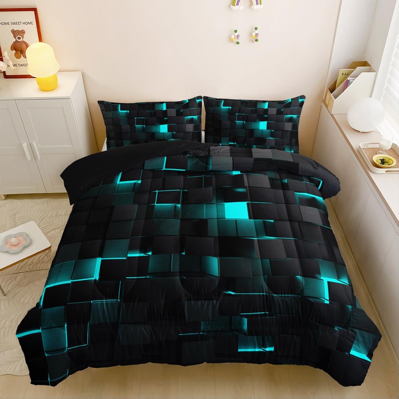 Neon Turquoise Black Comforter Set Queen Geometric Kids Bedding Set,3