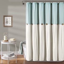 Lush Decor Linen Button Shower Curtain, 72" W x 72" L, Blue & Off White - Blue Shower Curtain Fabric - Bathroom Curtain - Farmhouse Bathroom Decor