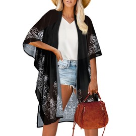 Womens Kimono Cardigan Swim Cover Ups Open Front Resorts Casual Loose Swimwear (Black White Print,L)