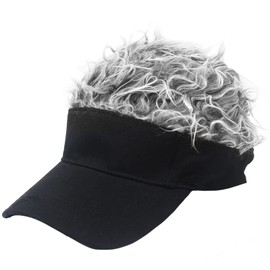 Malaxlx Unisex Black Sun Visors Hat with Grey Fake Spiked Hair Novelty Wig Adjustable Baseball Cap Golf Hat