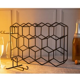 Melvvi Countertop Black Wine Rack with Glass Holders - Holds Upto 14 Bottles & 4 Glasses | Modern Metal 3 Tier Tabletop Wine Stand for Cabinet, Pantry | Freestanding Home, Kitchen, Bar Table, Cellar