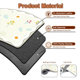 Dish Drying Mat for Kitchen Counter, 12" X 20" Absorbent Coffee Maker Mat for Countertops, Easy to Clean Kitchen Drying Matt Rubber Backing for Coffee Espresso Machine Dish Rack Pad, Cute Flower