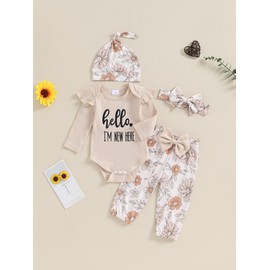 Edhomenn Baby Girls 3 Piece Fall Outfit Long Sleeve Romper and Floral Long Pants with Bow Headband (F-Khaki, 0-3 Months)