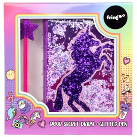 Fringoo - Glitter Girls Secret Diary with Glitter Star Pen, 2 Keys, Heart Padlock and Matching Bookmark | Beautiful Girls Notebook and Pen Set for Secrets | Glitter Unicorn