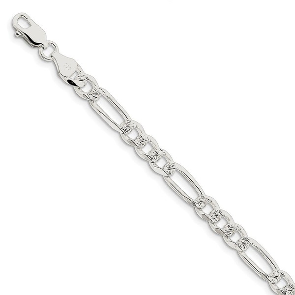 Solid 925 Sterling Silver 7mm Pave Flat Figaro Chain Bracelet