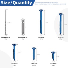 Glarks 102pcs 1/4 x 1-1/4 1-3/4 2-1/4 2-3/4 3-1/4 Inch Cross Flat Head Concrete Screw Anchor Set, Blue Heavy Duty Cement Screws with Drill Hole and PH2 Bit for Anchoring to Masonry