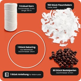 Netuno Macrame Set for Beginners Dream Catcher with Instructions Cotton Cord 3 mm Lime White Brown Painted Wooden Beads White Feathers Metal Ring 20 cm Macrame Make Yourself Set Macrame Latch Set