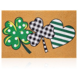 Drydiet St Patrick's Day Shamrock Door Mat Plaid Clover Imitation Coir Doormat Green Heart Outdoor Mat Farmhouse Floor Mats Entrance Door Rugs for Front Porch Indoor Home, 17.7 x 30 Inches
