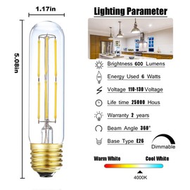 LEOOLS T10 Led Bulb,Dimmable Led Tubular Bulbs 6W,Equivalent 60Watt,Daylight 4000K, 600LM, Clear Glass,E26 Base Vintage LED Edison Bulbs, for Cabinet Display Cabinet etc,3 Pack.
