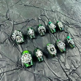 Short Press on Nails Handmade Nails 10Pcs Palace Style Green Cat Eye Nail Art Manual Press on Nails for Women Party Holiday Photo 20mm Long Size L