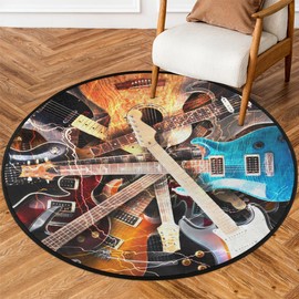 Magic Electric Guitar Round Area Rug, Music Guitar Non-Slip Circle Rug for Bedroom Living Room Outdoor Study Playing Floor Mat Carpet, 5.2' Diameter