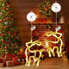 Pack of 2 Reindeer Christmas Decoration, Warm White Fairy Lights Christmas with Suction Cups, Window Decoration Christmas Illuminated, Window Decoration Hanging for Christmas, Balcony, Party, Wedding