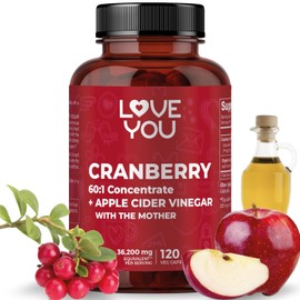 Love You Cranberry 60:1 Extract + Organic Apple Cider Vinegar (with The Mother) Max Strength 36,200 mg Equivalent Per Capsule, 120 Veggie Capsules, 100% Vegan, All-Natural.