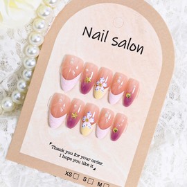 30Pcs Purple Flower Press on Nails Medium Almond French Tip Fake Nails with Gold Shell Starfish Gems Design Summer Stick on Nails Full Cover Artificial Glue on Nails Handmade False Nails for Women DIY