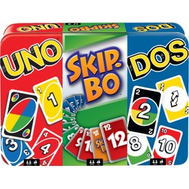 Mattel Games Set of 3 Card Games with UNO, DOS Second Edition & Skip-Bo in Storage Tin Box for Family Nights, Parties, Travel, Camping & More