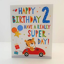 Regal Cards Girl Age 2 Happy Birthday Card - Tiger Car Balloons