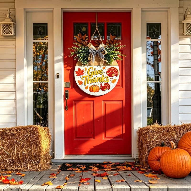 12 Inch Thanksgiving Wooden Wreath Sign, Give Thanks Front Door