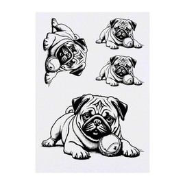 4 x 'Pug with Ball' Temporary Tattoos - Water Resistant, Skin-Safe, Non-Toxic Transfers, Mixed Sizes (TO00080296)