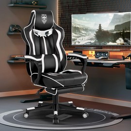 Vonesse Gaming Chair with Footrest,Reclining Computer Gaming Chair for Adults,Big and Tall Gamer Chair with Massage,Ergonomic PC Gaming Chair,High Back Racing Gaming Chair for Teens(White/Black)