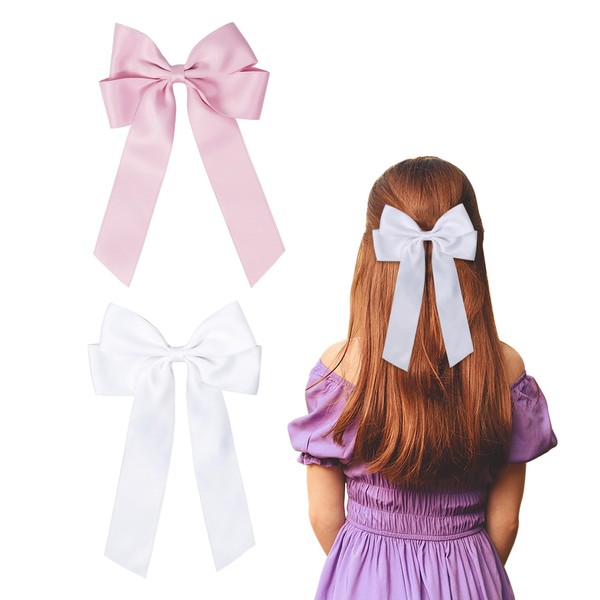 2 Pack Bowknot Pink Hair Bows for Women and Girls Large Bow Clips Hair Accessories (White, Cherry Pink)