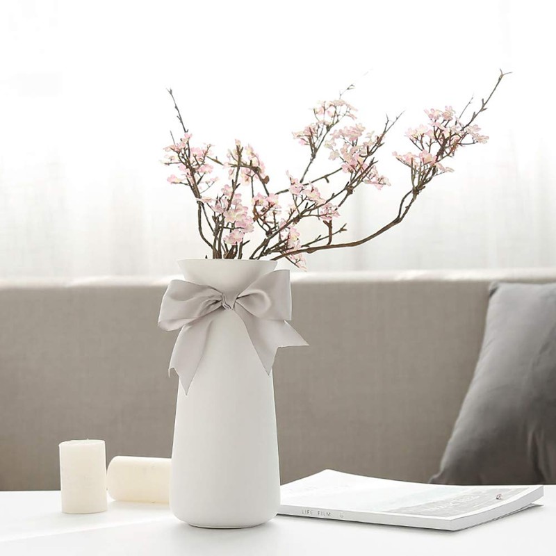Pudding Cabin 9" H Elegant White Vase Bowknot Design Decorative