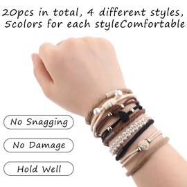 Bewudy Hair Ties Bracelets for Women, Boho Hair Ties No Damage Ponytail Holders, Elastic Boho Hair Bracelets for Women Thick Thin Long Curly(Pearl Style)