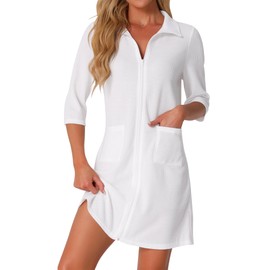 cheibear Womens Zip Up Robes Short House Coat 3/4 Sleeves House Dresses Waffle Lightweight Bathrobe Sleepwear with Pockets X-Small White
