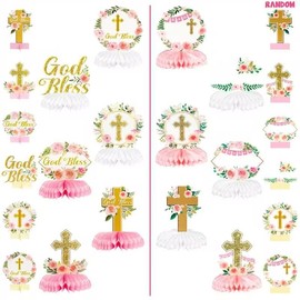 12Pcs Pink Floral God Bless Decorations First Communion Honeycomb 2 Style Random Sets Double Sided Table Toppers for God Bless Baby Girl Baptism Party Decor Christening Celebration Religious Party Photo Props Decor