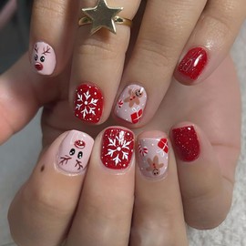 Christmas Press on Nails Short Square Fake Nails Cute Gingerbread Man Snowflake Reindeer Candy Canes Designs Glitter False Nails Xmas Winter Acrylic Nails Full Cover Stick on Nails for Women 24 Pcs