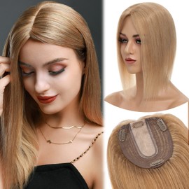 MY-LADY Human Hair Toppers for Women Real Human Hair for Thinning Hair 10 * 12CM Silk Base Hairpieces No Bangs 130% Density Straight Clip in Remy Hair Pieces 16 Inch #27 Dark Blonde